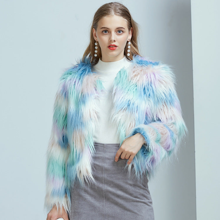 Women's Warm Faux Fur Coat - Winter Gradient Color Cardigan Jacket