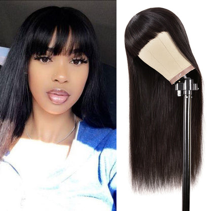 Straight Human Hair Wig with Bangs - Real Hair Full Wig with Qi Bangs