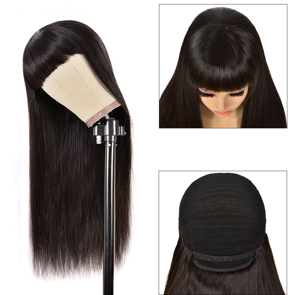 Straight Human Hair Wig with Bangs - Real Hair Full Wig with Qi Bangs