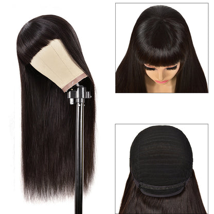 Straight Human Hair Wig with Bangs - Real Hair Full Wig with Qi Bangs