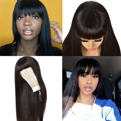 Straight Human Hair Wig with Bangs - Real Hair Full Wig with Qi Bangs