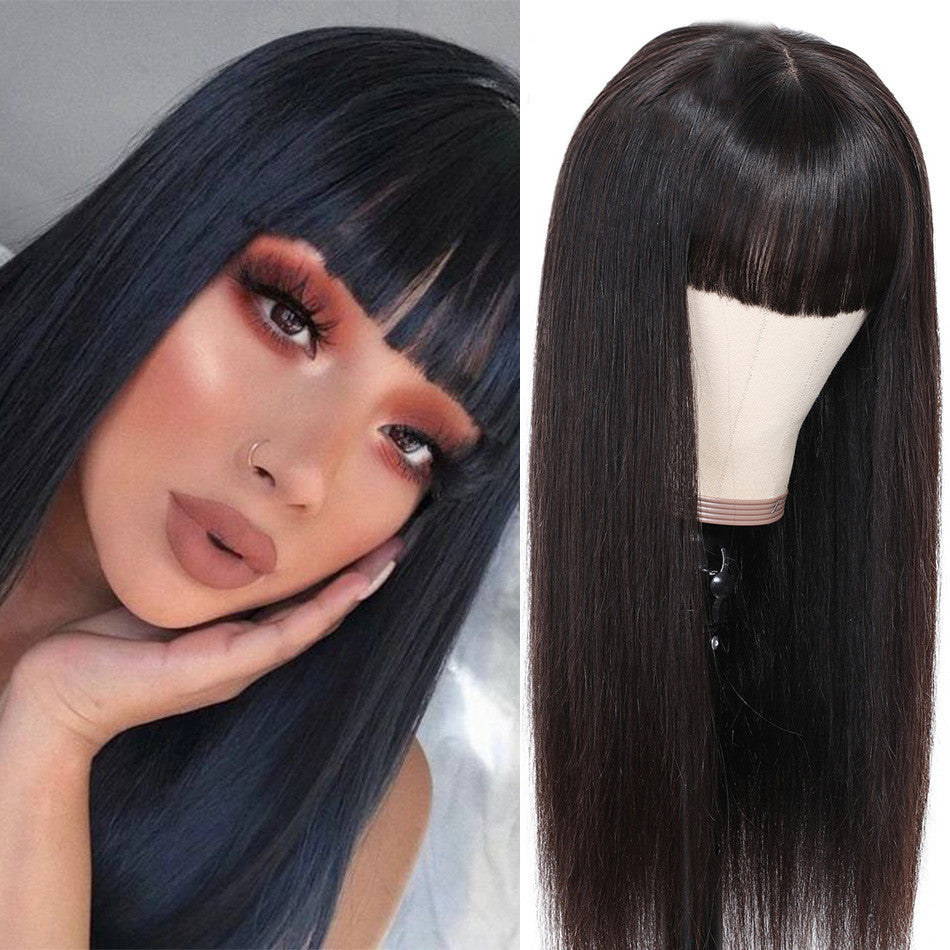Straight Human Hair Wig with Bangs - Real Hair Full Wig with Qi Bangs