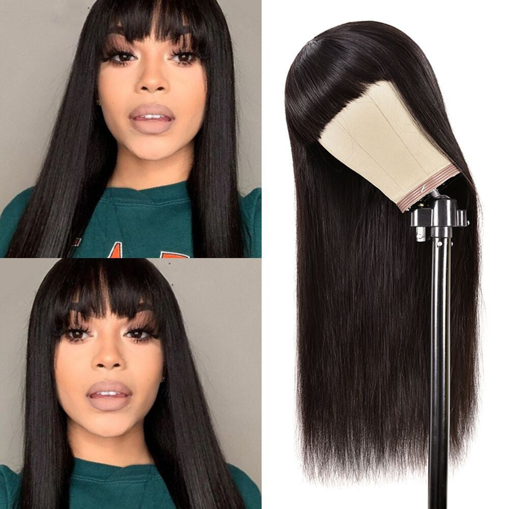 Straight Human Hair Wig with Bangs - Real Hair Full Wig with Qi Bangs