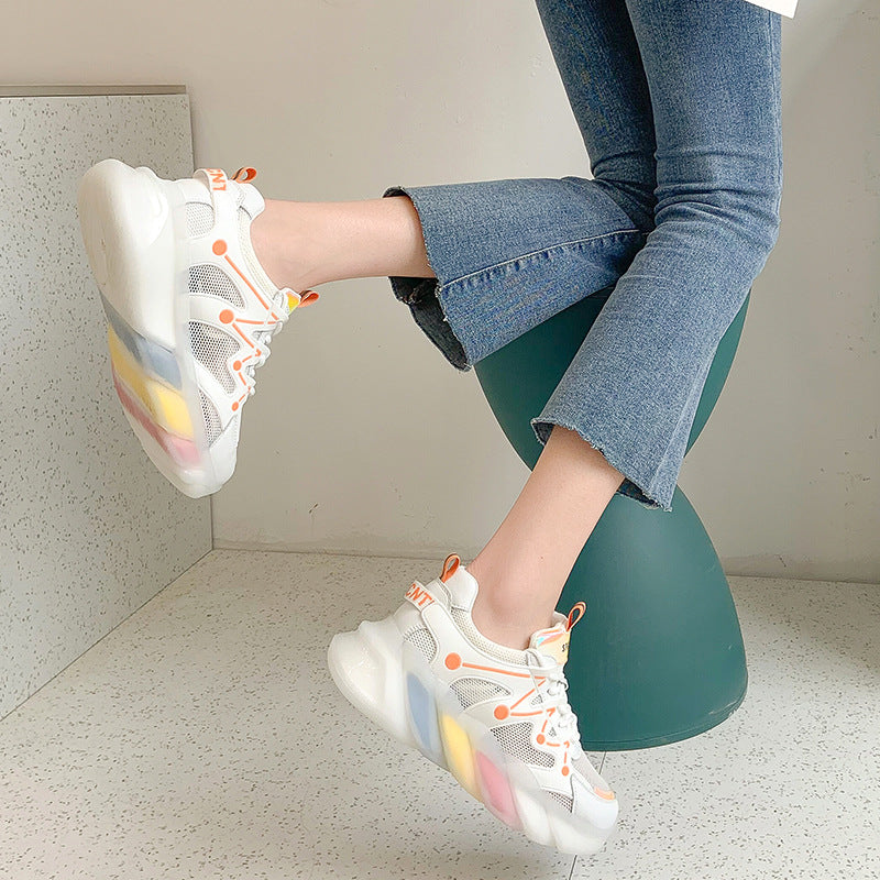 Women's Rainbow Platform Sneakers - Breathable Leather Casual Sports Shoes