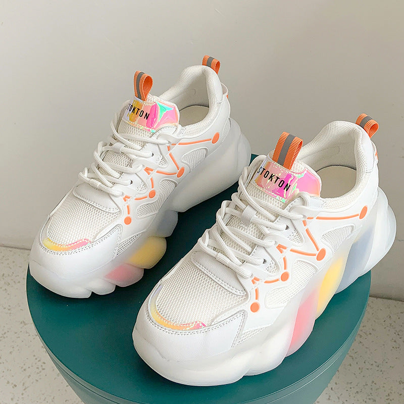 Women's Rainbow Platform Sneakers - Breathable Leather Casual Sports Shoes
