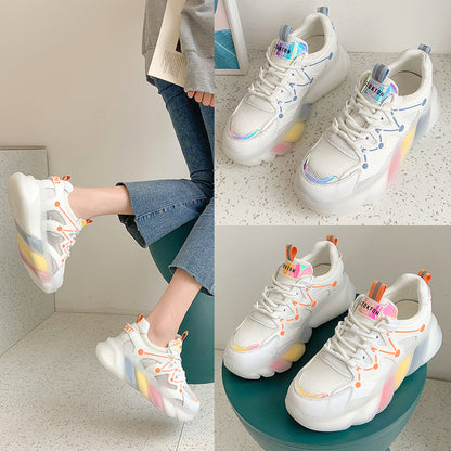 Women's Rainbow Platform Sneakers - Breathable Leather Casual Sports Shoes