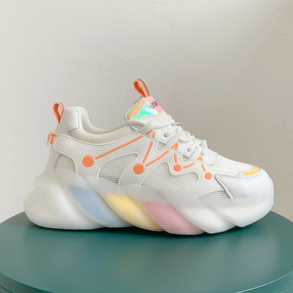 Women's Rainbow Platform Sneakers - Breathable Leather Casual Sports Shoes