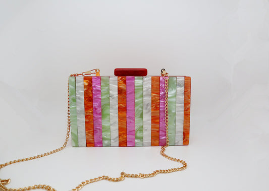 Candy Color Striped Acrylic Dinner Bag - Pearlescent Vertical Stitching Clutch Handbag