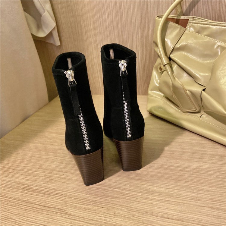 Women's Cowhide Leather Pointed Toe Ankle Boots - Retro Thick Heel with Back Zipper