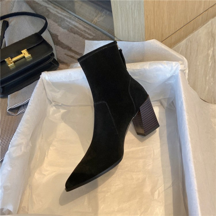 Women's Cowhide Leather Pointed Toe Ankle Boots - Retro Thick Heel with Back Zipper