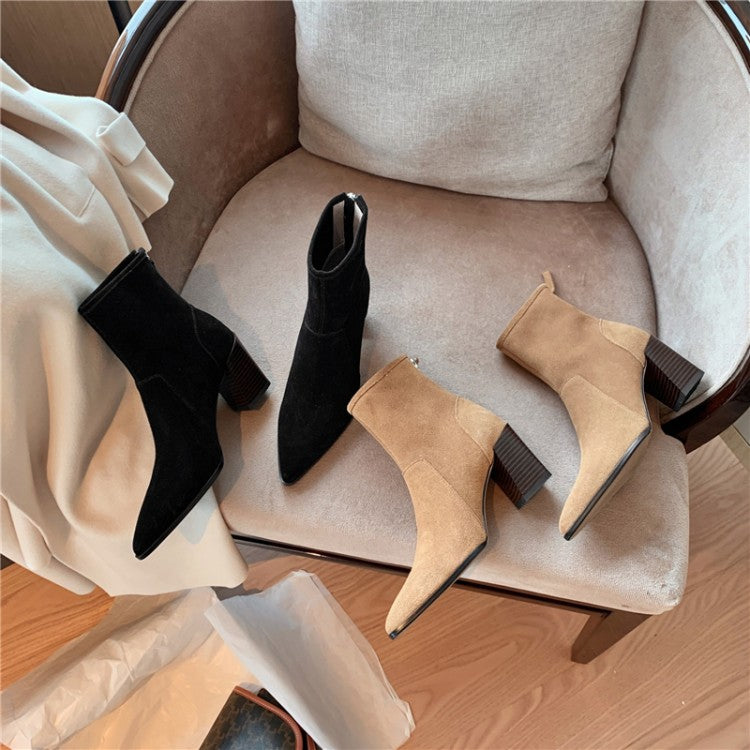 Women's Cowhide Leather Pointed Toe Ankle Boots - Retro Thick Heel with Back Zipper
