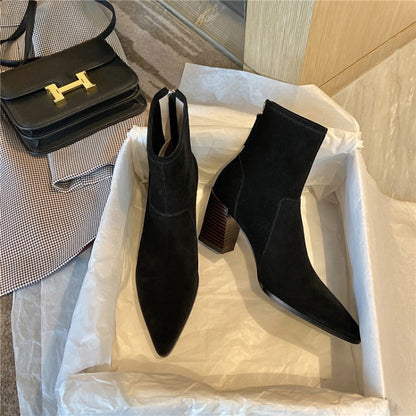 Women's Cowhide Leather Pointed Toe Ankle Boots - Retro Thick Heel with Back Zipper