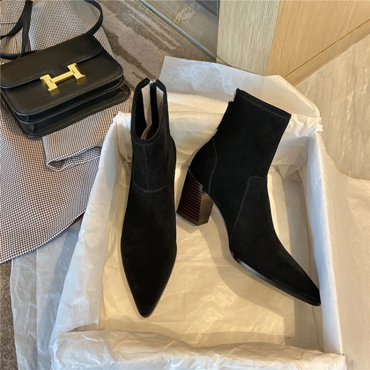 Women's Cowhide Leather Pointed Toe Ankle Boots - Retro Thick Heel with Back Zipper