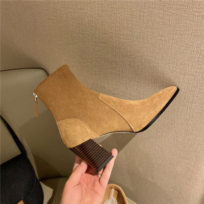 Women's Cowhide Leather Pointed Toe Ankle Boots - Retro Thick Heel with Back Zipper
