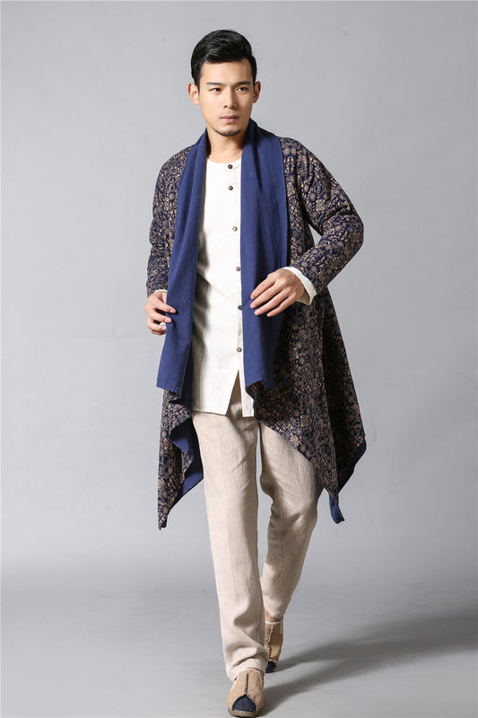 Double-Sided Floral Cloak - Men's Reversible Linen Cotton Cape Coat