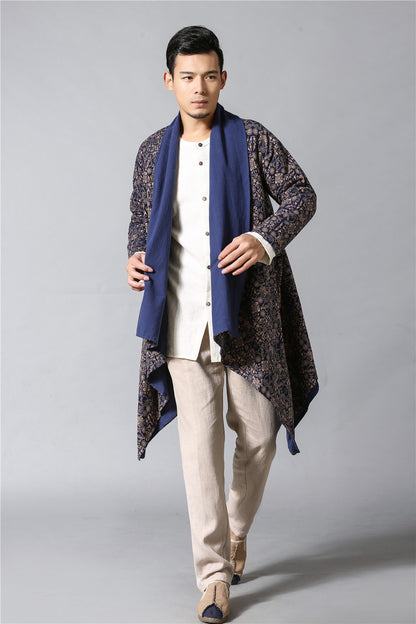Double-Sided Floral Cloak - Men's Reversible Linen Cotton Cape Coat