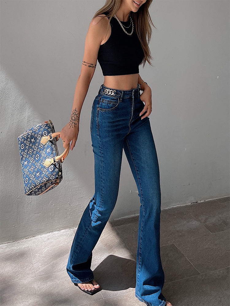 High-Waist Micro-Flared Denim Pants - Loose Washed Cotton Jeans