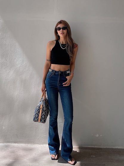 High-Waist Micro-Flared Denim Pants - Loose Washed Cotton Jeans