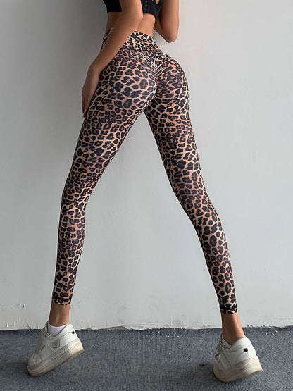 High-Waist Leopard Print Fitness Pants - Stretch Nylon Leggings