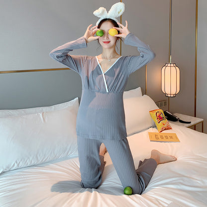 Maternity Nursing Pajama Set - V-Neck Long Sleeve Top and Pants
