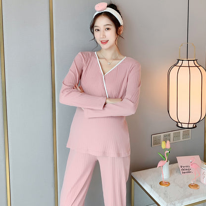 Maternity Nursing Pajama Set - V-Neck Long Sleeve Top and Pants