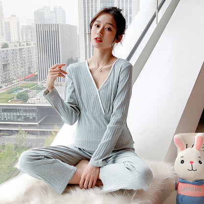 Maternity Nursing Pajama Set - V-Neck Long Sleeve Top and Pants
