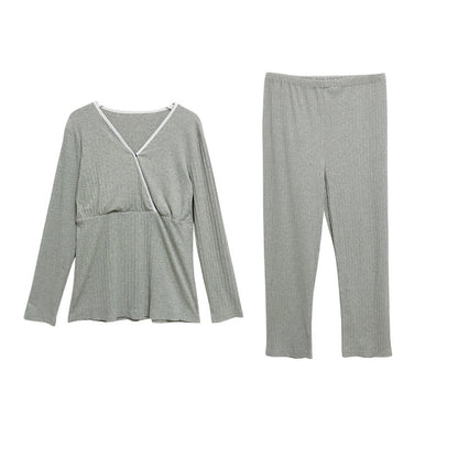 Maternity Nursing Pajama Set - V-Neck Long Sleeve Top and Pants