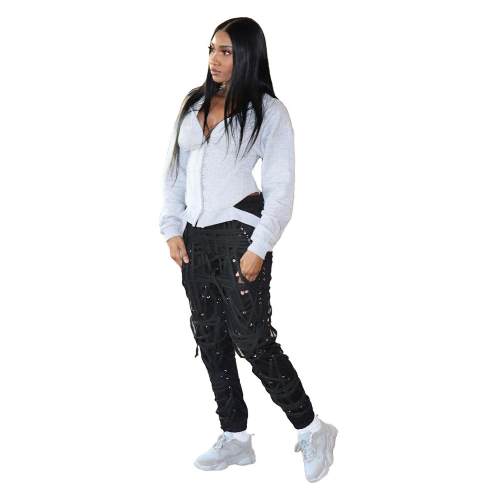 Mid-Rise Ribbon Belt Loose Fit Pants