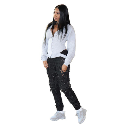 Mid-Rise Ribbon Belt Loose Fit Pants