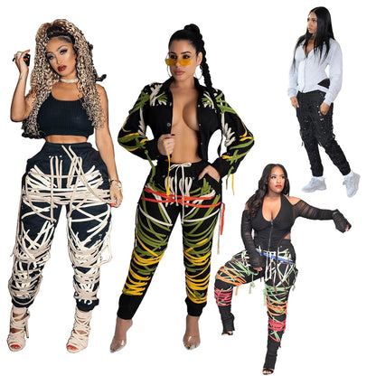 Mid-Rise Ribbon Belt Loose Fit Pants
