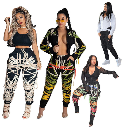 Mid-Rise Ribbon Belt Loose Fit Pants