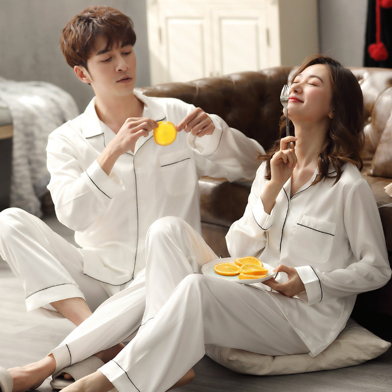 Couple's Ice Silk Pajama Set - Long Sleeve V-Neck