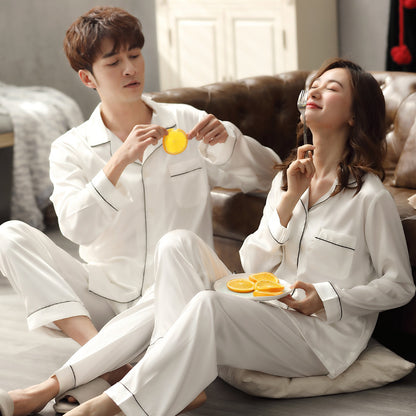 Couple's Ice Silk Pajama Set - Long Sleeve V-Neck