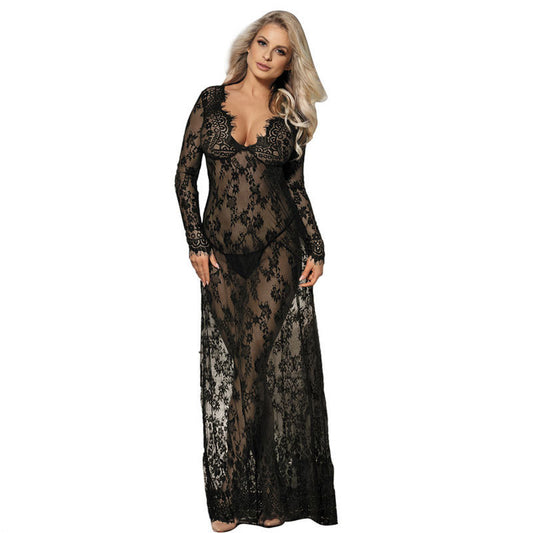 Women's Lace Long Nightdress - Sheer Mesh Sleepwear Gown