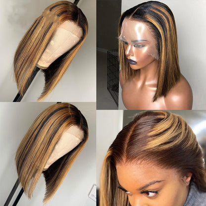 Straight Human Hair Wig with Highlights - Medium Length