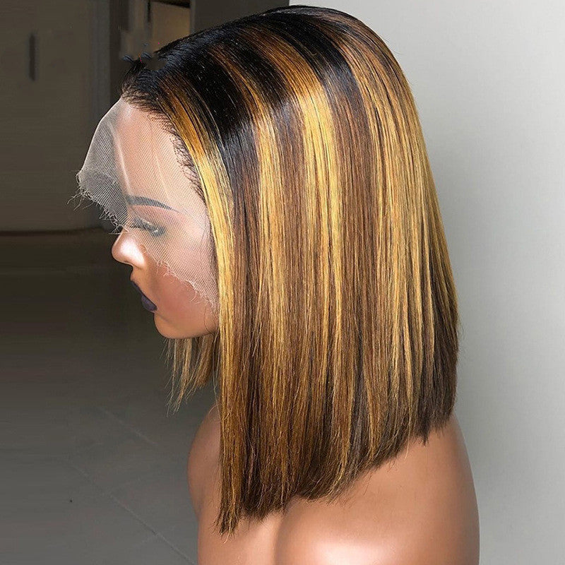 Straight Human Hair Wig with Highlights - Medium Length