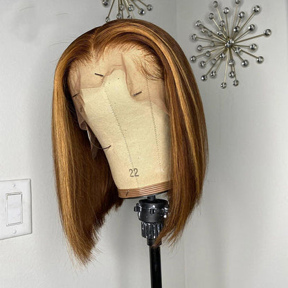 Straight Human Hair Wig with Highlights - Medium Length