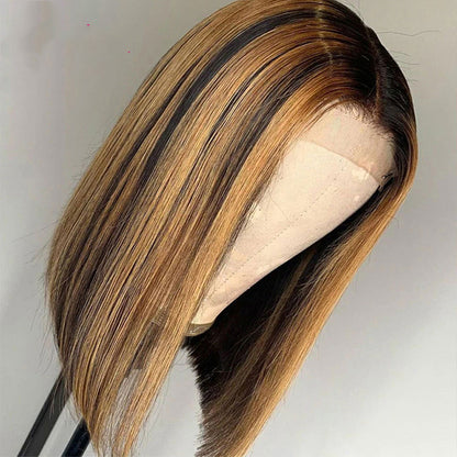 Straight Human Hair Wig with Highlights - Medium Length