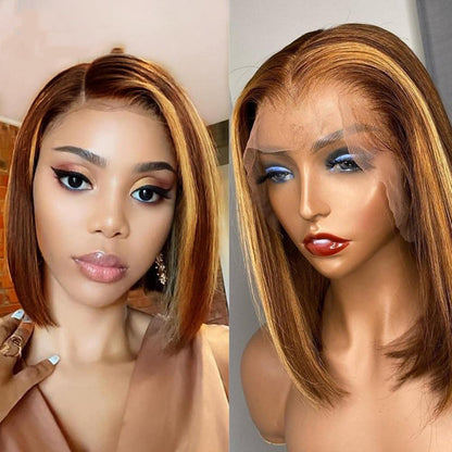 Straight Human Hair Wig with Highlights - Medium Length
