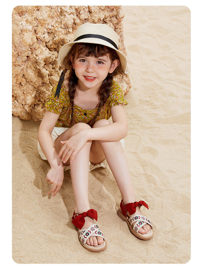 Girls Soft-Sole Shoes with Bow - Breathable Microfiber Velcro Flats