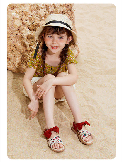 Girls Soft-Sole Shoes with Bow - Breathable Microfiber Velcro Flats