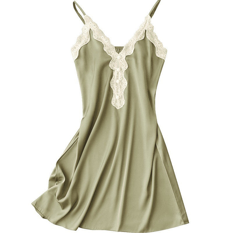 Women's Lace Sleepwear - Satin Nightdress with Pearl Detail