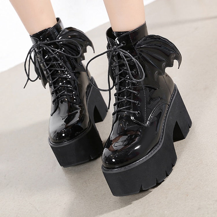 Women's Goth Platform Ankle Boots - High Heel Patent Leather Combat Boots