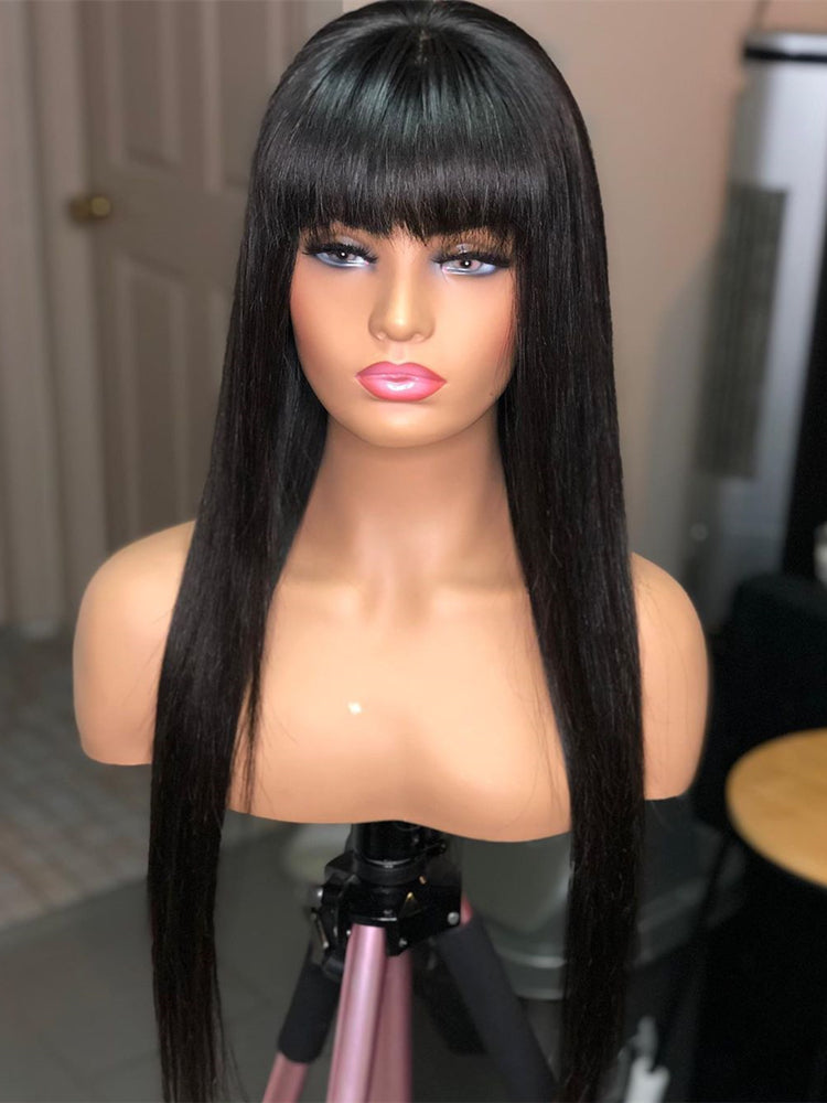 Brazilian Straight Long Wig with Bangs - Natural Black Hair