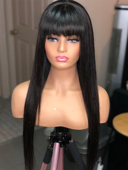 Brazilian Straight Long Wig with Bangs - Natural Black Hair