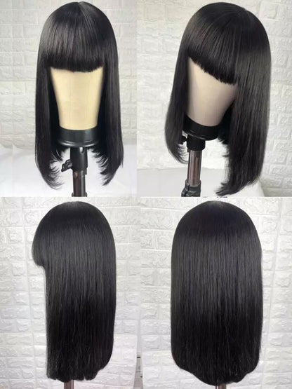 Brazilian Straight Long Wig with Bangs - Natural Black Hair