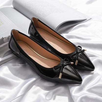 Women's Pointed Toe Patent Leather Flats with Bow - Slip-On Ballet Shoes
