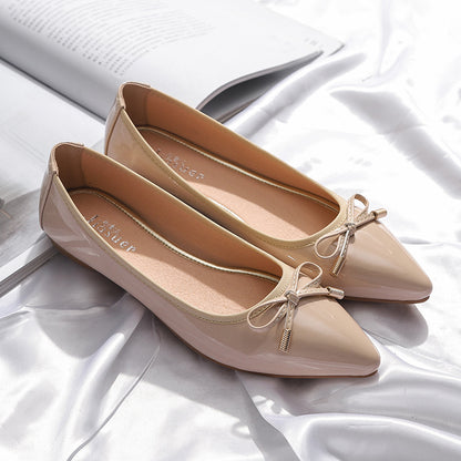 Women's Pointed Toe Patent Leather Flats with Bow - Slip-On Ballet Shoes