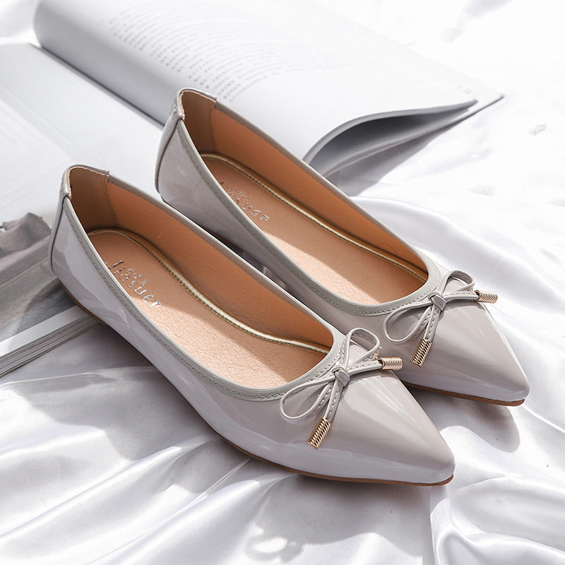 Women's Pointed Toe Patent Leather Flats with Bow - Slip-On Ballet Shoes