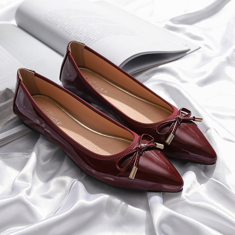 Women's Pointed Toe Patent Leather Flats with Bow - Slip-On Ballet Shoes